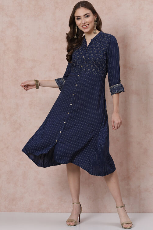 Navy Blue Viscose And Rayon Asymmetric Dress image number 5